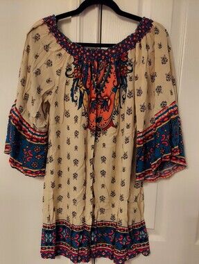 FLYING TOMATO Boho Cream Peasant Top with Blue & Orange Paisley Border